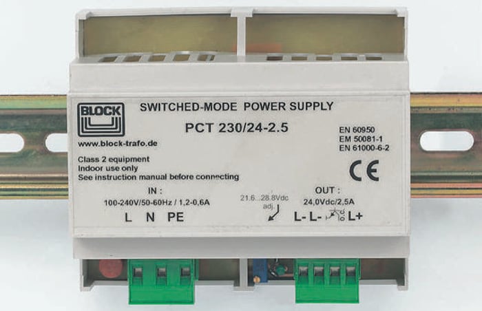 Block Switch Mode DIN Rail Panel Mount Power Supply, 1.3A Output, 31.2W