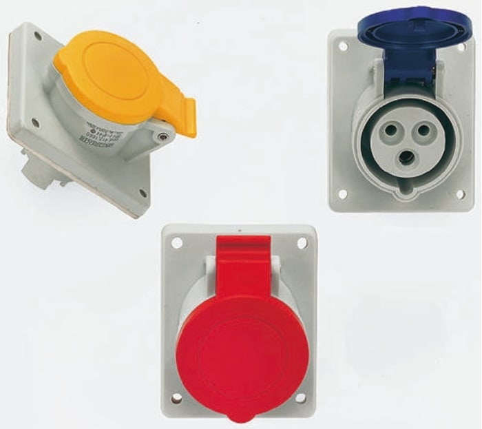 RS PRO IP44 Red Panel Mount 3P+N+E Right Angle Industrial Power Socket, Rated At 16A, 380 V