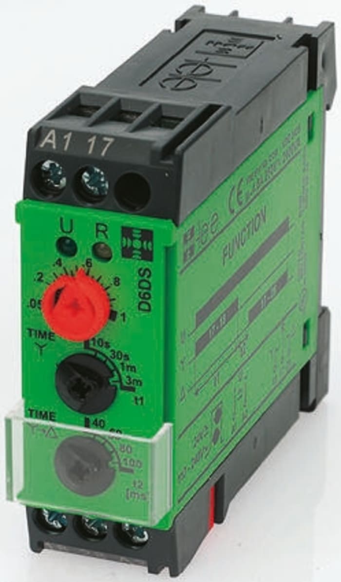 Relé temporizador monofunción Tele, 110 → 240 V ac, 24V ac/dc, 2 contactos, DPST, tempo. 40 ms → 3min