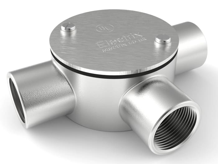 RS PRO 3 Way Tee Box, Conduit Fitting, 20mm Nominal Size, 316 Stainless Steel, Silver IP67 rating