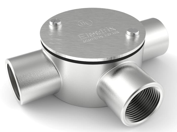 RS PRO 3 Way Tee Box, Conduit Fitting, 25mm Nominal Size, 316 Stainless Steel, Silver IP67 rating