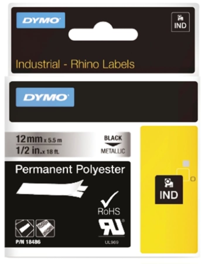 Dymo Black on Silver Label Printer Tape, 5.5 m Length, 12 mm Width
