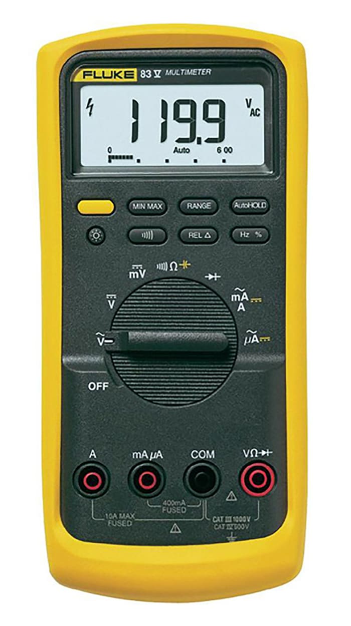 Fluke 83 Handheld Digital Multimeter, True RMS, 10A ac Max, 10A dc Max, 1000V ac Max