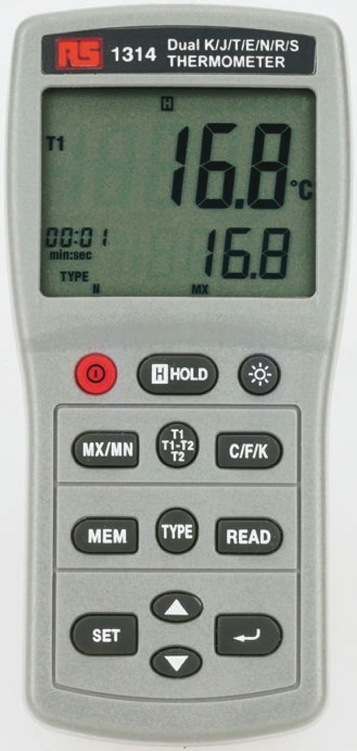 Thermomètre numérique RS PRO, 2 voies de mesure pour E, J, K, N, R, S, T