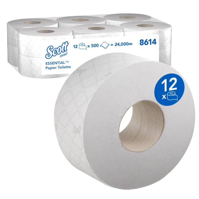 Rouleau de papier toilette Kimberly Clark Scott Essential Jumbo 6000 feuilles, lot de 12, 2 plis, format Jumbo