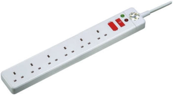 6 Gang Surge Protected Socket, 2m Cable, Filtered, 13A, 230 V ac, Surge Protected