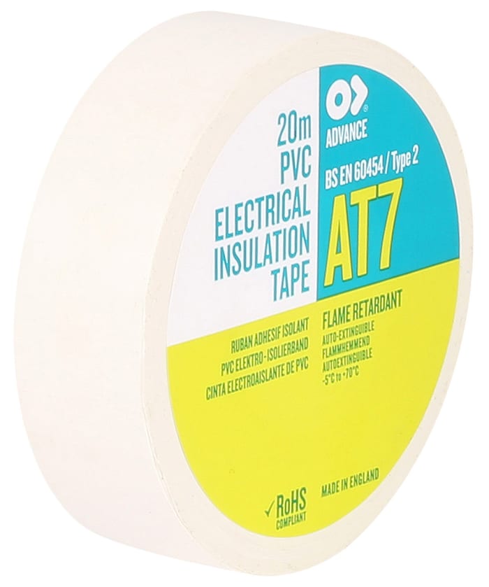 Cinta aislante de PVC Advance Tapes AT7 de color Blanco, 19mm x 20m, grosor 0.13mm