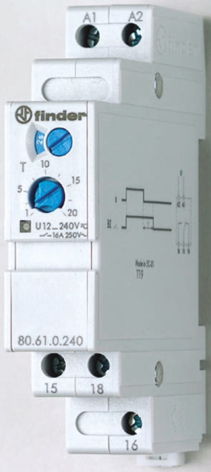 Finder 80 Series Series DIN Rail Mount Time Delay Relay, 24 → 240V ac/dc, 1-Contact, 0.1 s → 24h,