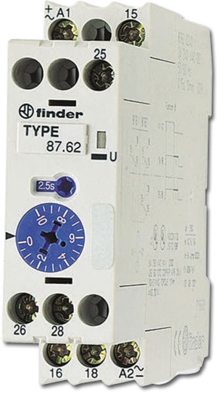 Finder 87 Series Series DIN Rail Mount Time Delay Relay, 24 → 240V ac/dc, 2-Contact, 0.07 → 10 min, 0.15