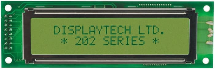 Displaytech 202A-BA-BC Alphanumeric LCD Display, Yellow on Green, 2 Rows by 20 Characters, Reflective