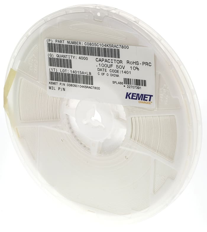 KEMET 100nF MLCC, 50V dc V, ±10% , SMD