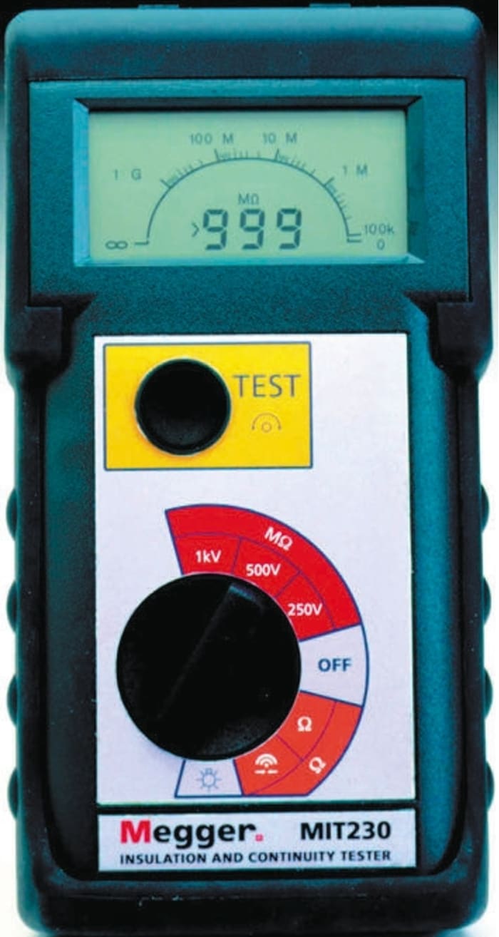 Megger MIT230 Insulation & Continuity Tester, 250V dc Min, 1000V dc Max, 999MΩ Max, CAT III 300V - RS Calibration