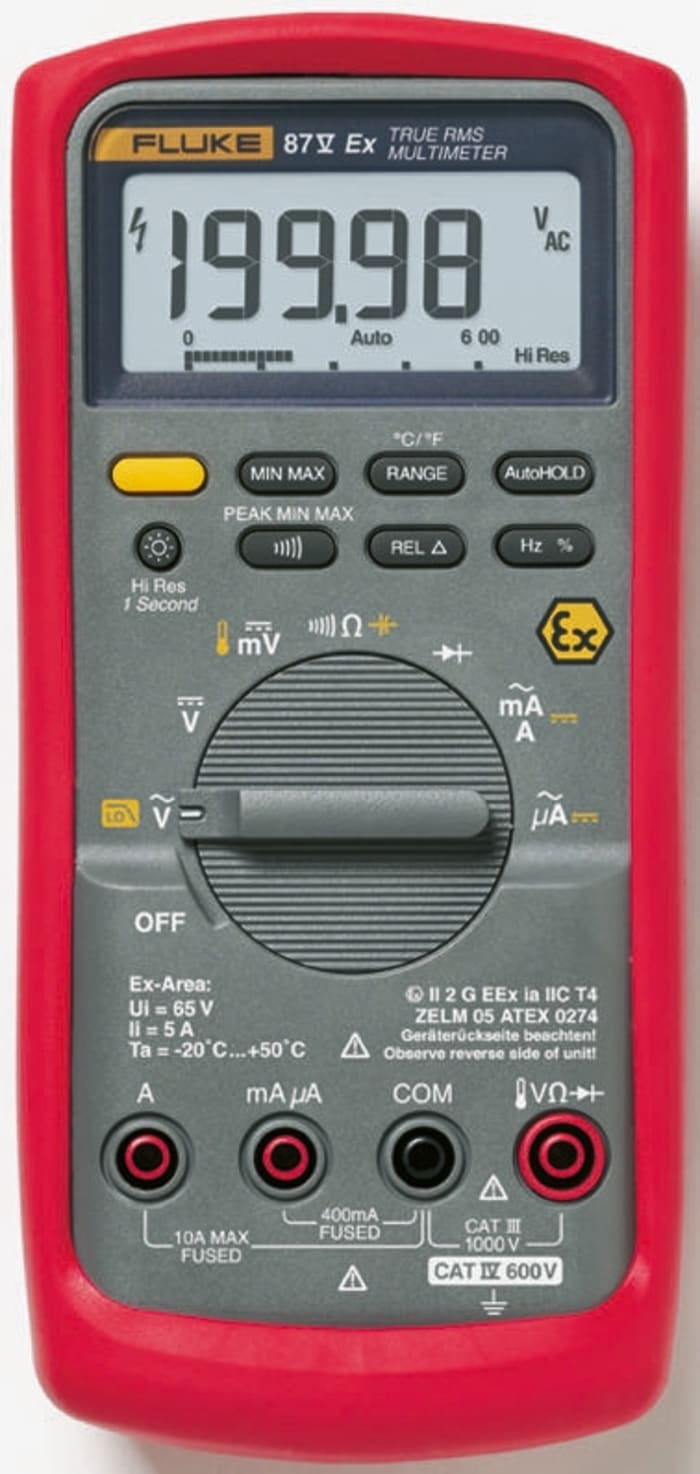 Fluke 87V Handheld Digital Multimeter, True RMS, 10A ac Max, 10A dc Max, 1000V ac Max - UKAS Calibrated