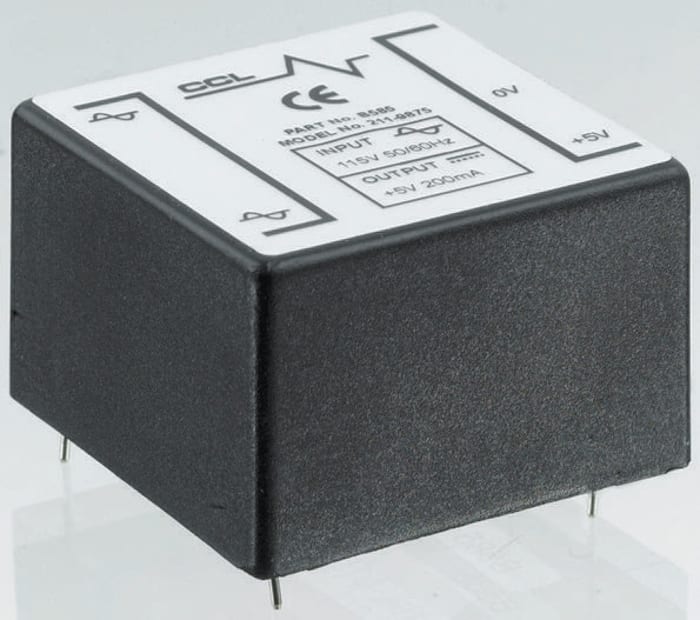 Fuente de alimentación lineal Encapsulado, entrada 105 → 135V ac, Salida 5V dc, 200mA, 1W
