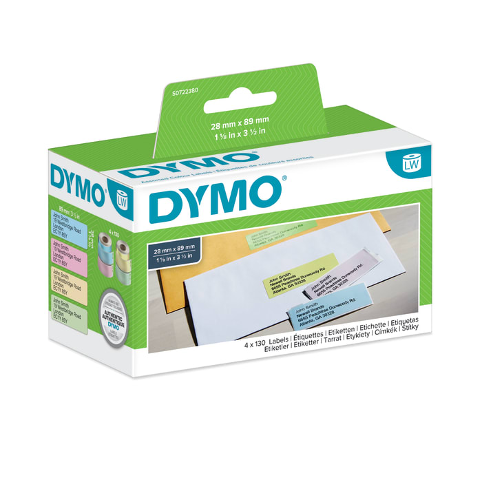 Dymo Blue, Green, Pink, Yellow Black Print Label Roll, 89mm Width, 28mm Height, 130Per Roll Qty