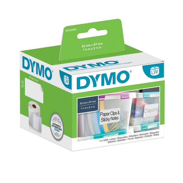 Dymo White Black Print Label Roll, 57mm Width, 32mm Height, 1000Per Roll Qty