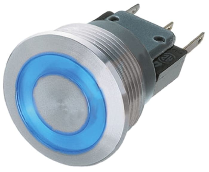 Schurter Illuminated Push Button Switch, Momentary, Panel Mount, 19mm Cutout, SPDT, Blue LED, 250V ac, IP40