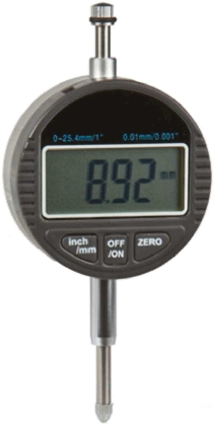 RS PRO Imperial/Metric Plunger Dial Indicator, 0 → 25 mm Measurement Range, 0.01 mm Resolution , ±0.02 mm