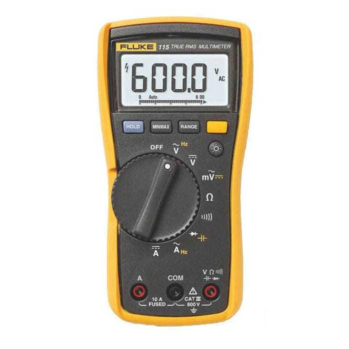 Fluke 115 Handheld Digital Multimeter, True RMS, 10A ac Max, 10A dc Max, 600V ac Max