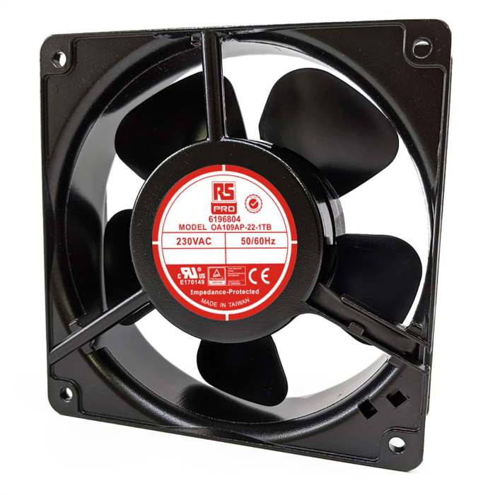 RS PRO Axial Fan, 230 V ac, AC Operation, 186.9m³/h, 15W, 90mA Max, 120 x 120 x 38mm