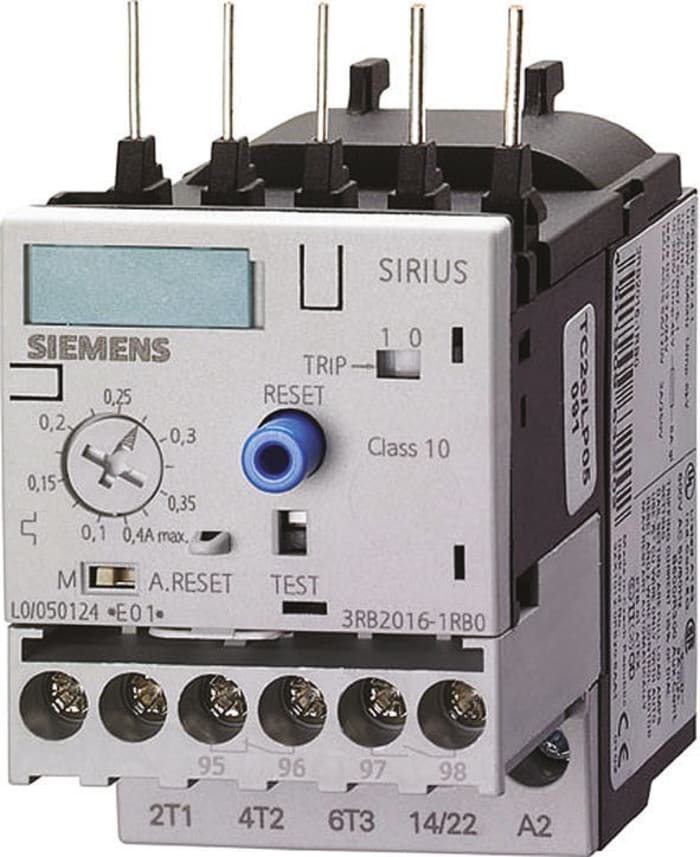 Siemens 3RB Overload Relay NO/NC, 0.32 → 1.25 A F.L.C, 2 A Contact Rating, 0.37 kW, 3P, Sirius Classic