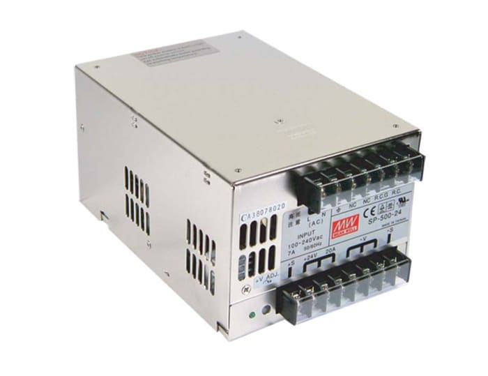 Mean Well Embedded Switch Mode Power Supply SMPS, SP-500-24, 24V dc, 20A, 480W, 1 Output, 124 → 370 V dc, 88