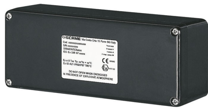 Scame Zenith P Series Black Junction Box, IP66, 2 Terminals, ATEX, 160 x 75 x 75mm