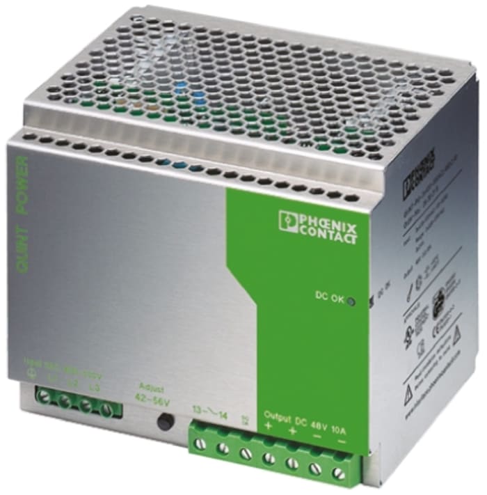 Alimentation pour rail DIN Phoenix Contact, série QUINT-PS-3X400-500AC/48DC/10, 48V c.c.out 10A, 480W