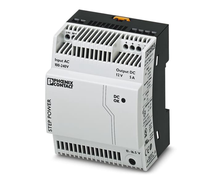 Phoenix Contact STEP POWER Switched Mode DIN Rail Power Supply, 85 → 264V ac ac Input, 12V dc dc Output, 5A
