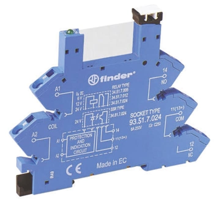 Finder 93 5 Pin 250V ac DIN Rail Relay Socket, for use with 34.51, 34.81