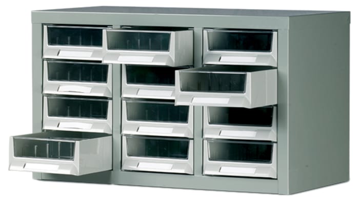 Módulo de cajones RS PRO Gris de Acero, con 12 cajones transparentes, 350mm x 586mm x 290mm