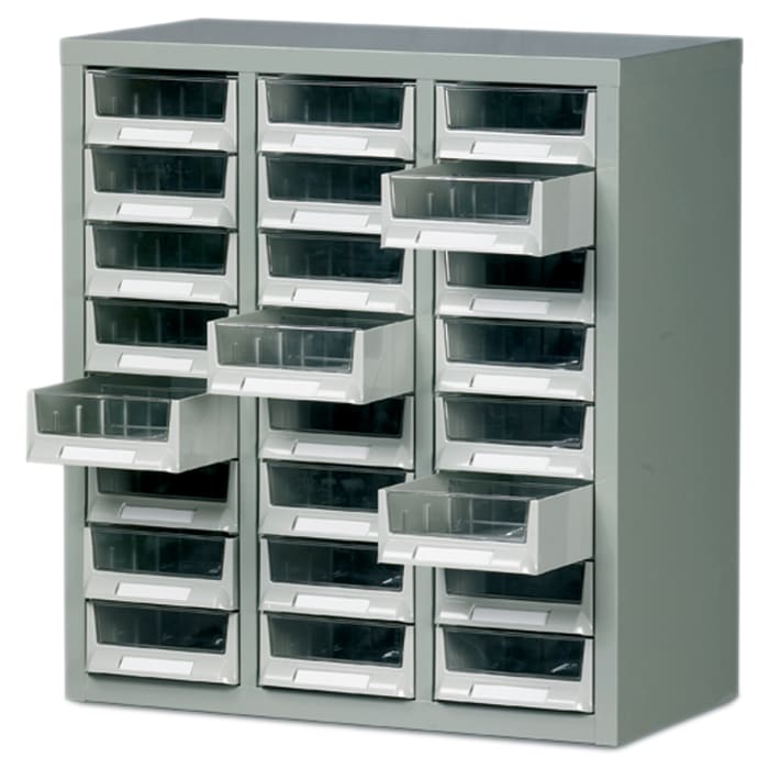 Armario de acero RS PRO Gris de Acero, con 24 cajones transparentes, 640mm x 586mm x 290mm
