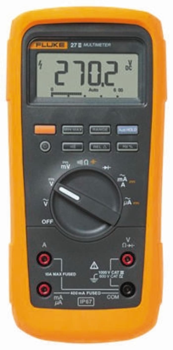 Fluke 27 Handheld Digital Multimeter, True RMS, 10A ac Max, 10A dc Max, 1000V ac Max - UKAS Calibrated