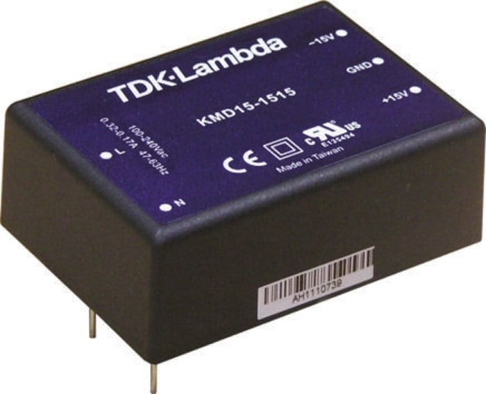TDK-Lambda Embedded Switch Mode Power Supply (SMPS), KMD15-1515, ±15V dc, 500mA, 15W, Dual Output, 100 → 375 V
