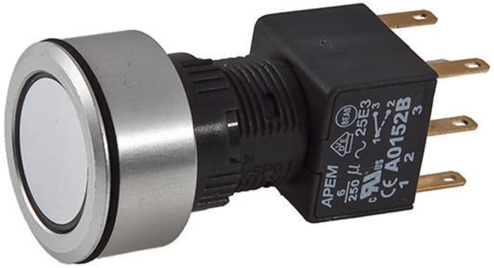 APEM Illuminated Push Button Switch, Momentary, Panel Mount, 16mm Cutout, DPDT, Red LED, 250V ac, IP65