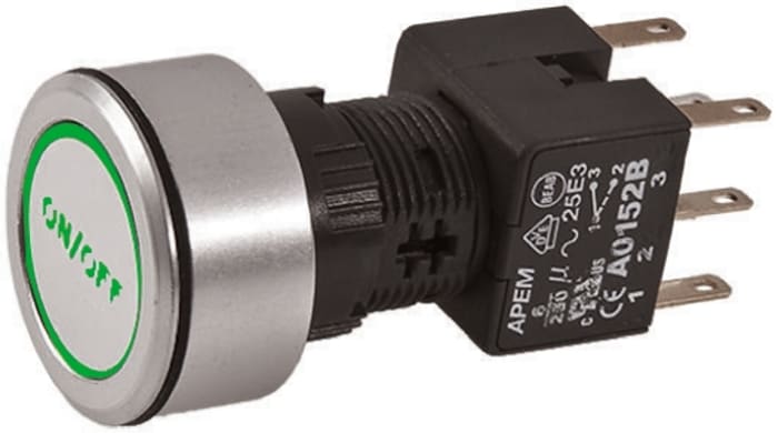 APEM Illuminated Push Button Switch, Latching, Panel, 16 mm Cutout, DPDT, Green LED, IP65 250 V