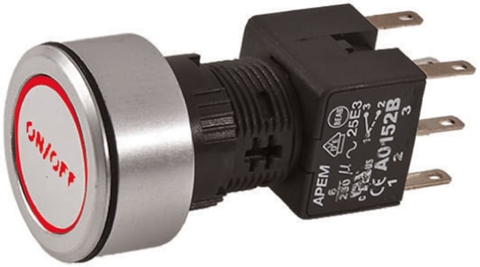 APEM A1 Series Illuminated Push Button Switch, Latching, Panel, 22 mm Cutout, DPDT, Red LED, IP65