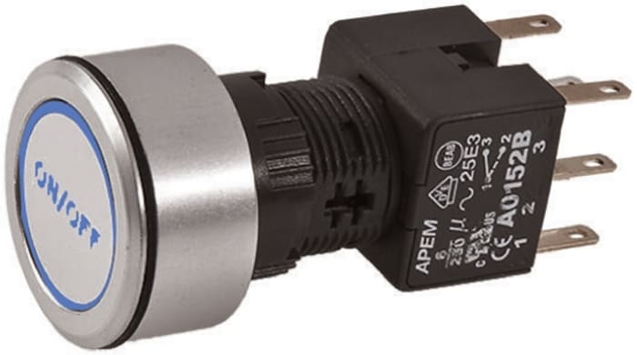 APEM A1 Series Illuminated Push Button Switch, Latching, Panel, 22 mm Cutout, DPDT, Blue LED, IP65 220 V