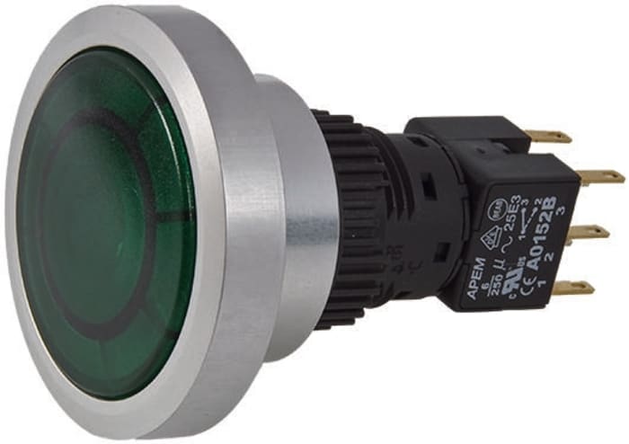 APEM Illuminated Push Button Switch, Momentary, Panel Mount, 30mm Cutout, DPDT, Green LED, IP65
