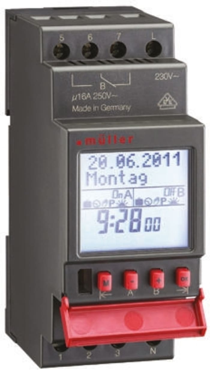 2 Channel Digital DIN Rail Time Switch Measures Minutes, 230 V ac