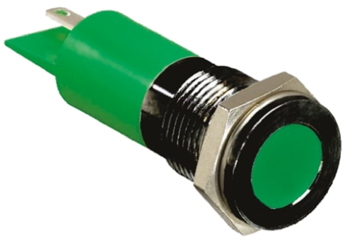 RS PRO Green Panel Mount Indicator, 110V ac, 14mm Mounting Hole Size, Faston, Solder Lug Termination, IP67