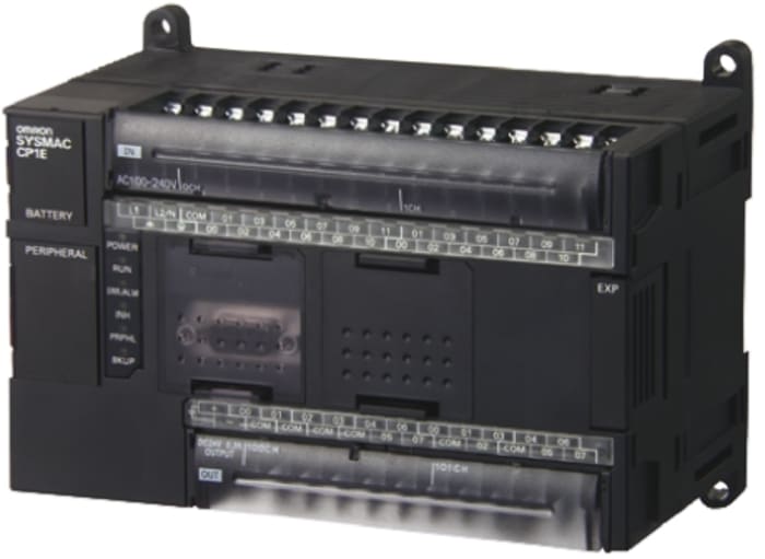 Controlador lógico Omron CP1E, 24 entradas tipo Pulso, 16 (relé) salidas tipo Relé, comunicación USB