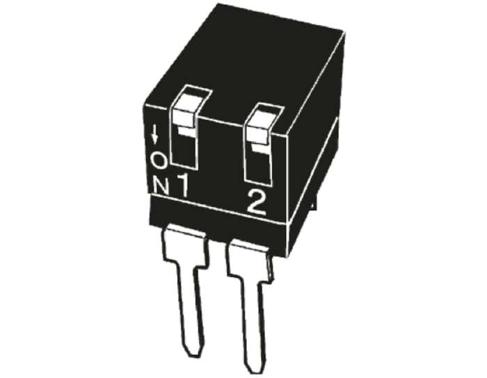 Interruptor DIP, SPST, Montaje en orificio pasante, Actuador Palanca, 25 mA a 24 V dc, 2 vías, -20 → +70°C