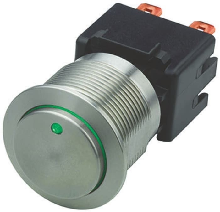 Schurter Illuminated Push Button Switch, Latching, Panel Mount, 22mm Cutout, DPDT, Green LED, 125/250V ac, IP64