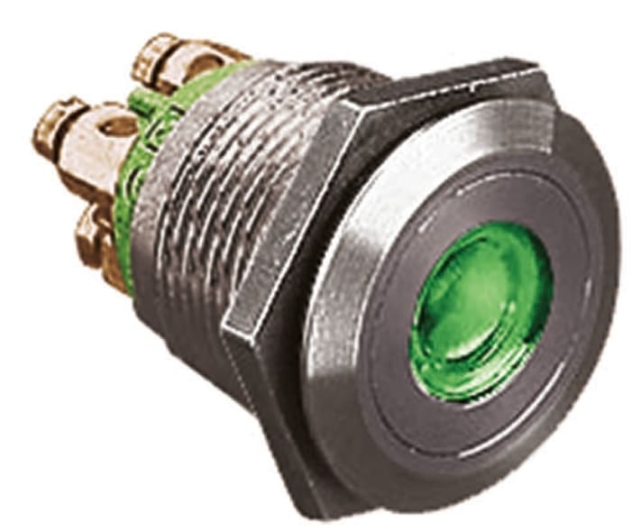 Bulgin MPI001 Series Illuminated Push Button Switch, Momentary, Panel Mount, 19.2mm Cutout, SPST, Green LED, 24V dc,