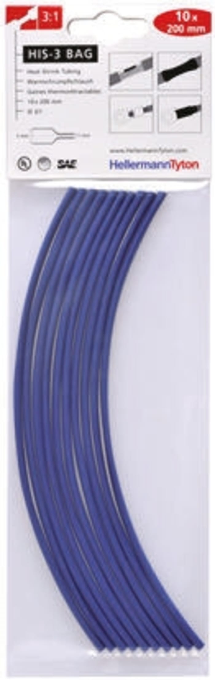HellermannTyton Heat Shrink Tubing, Blue 3mm Sleeve Dia. x 200mm Length 3:1 Ratio, HIS-3 BAG Series