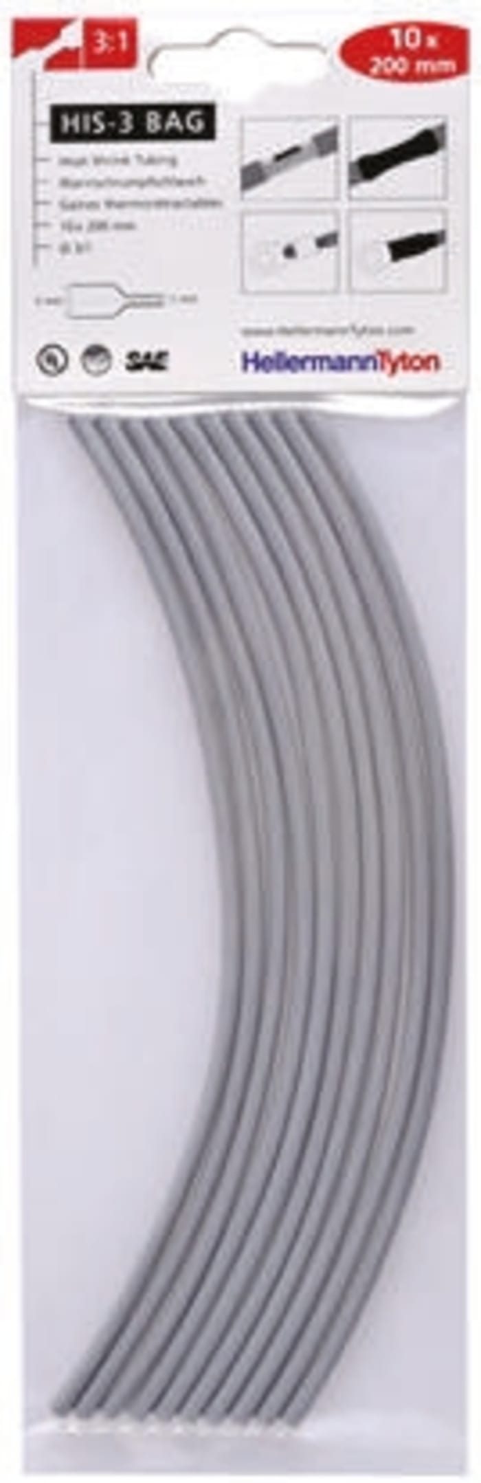 HellermannTyton Heat Shrink Tubing, Grey 3mm Sleeve Dia. x 200mm Length 3:1 Ratio, HIS-3 BAG Series