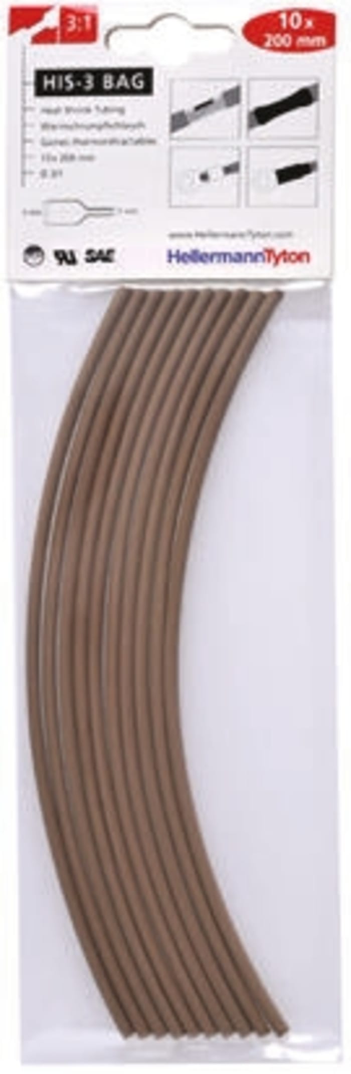 HellermannTyton Heat Shrink Tubing, Brown 3mm Sleeve Dia. x 200mm Length 3:1 Ratio, HIS-3 BAG Series