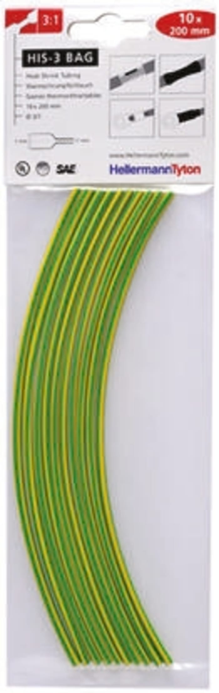 HellermannTyton Heat Shrink Tubing, Green 3mm Sleeve Dia. x 200mm Length 3:1 Ratio, HIS-3 BAG Series