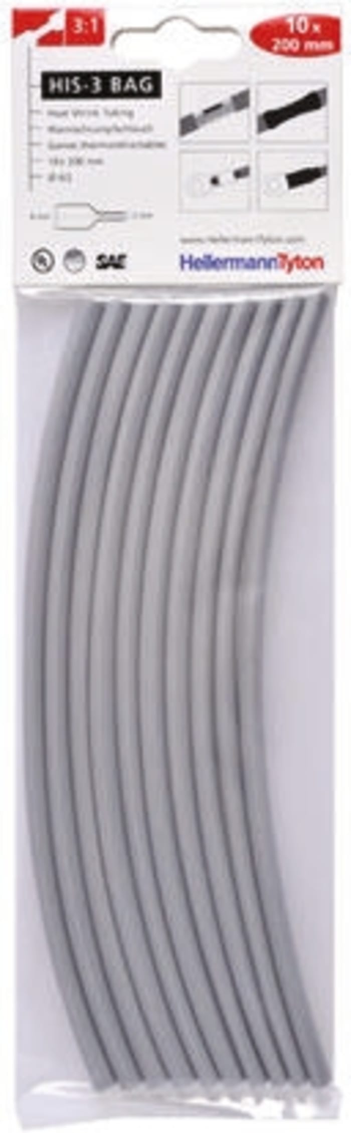 Gaine thermorétractable HellermannTyton, Diam. 6mm, Long. 200mm, Rétreint 3:1, Gris